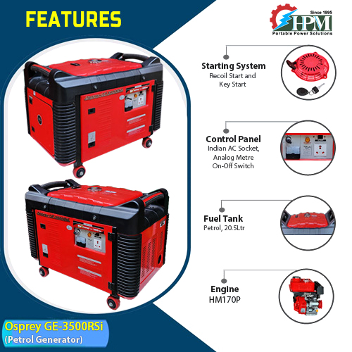 3.5 KVA Generator, Model Osprey GE-3500RSi, Petrol Run, Recoil & Self Start